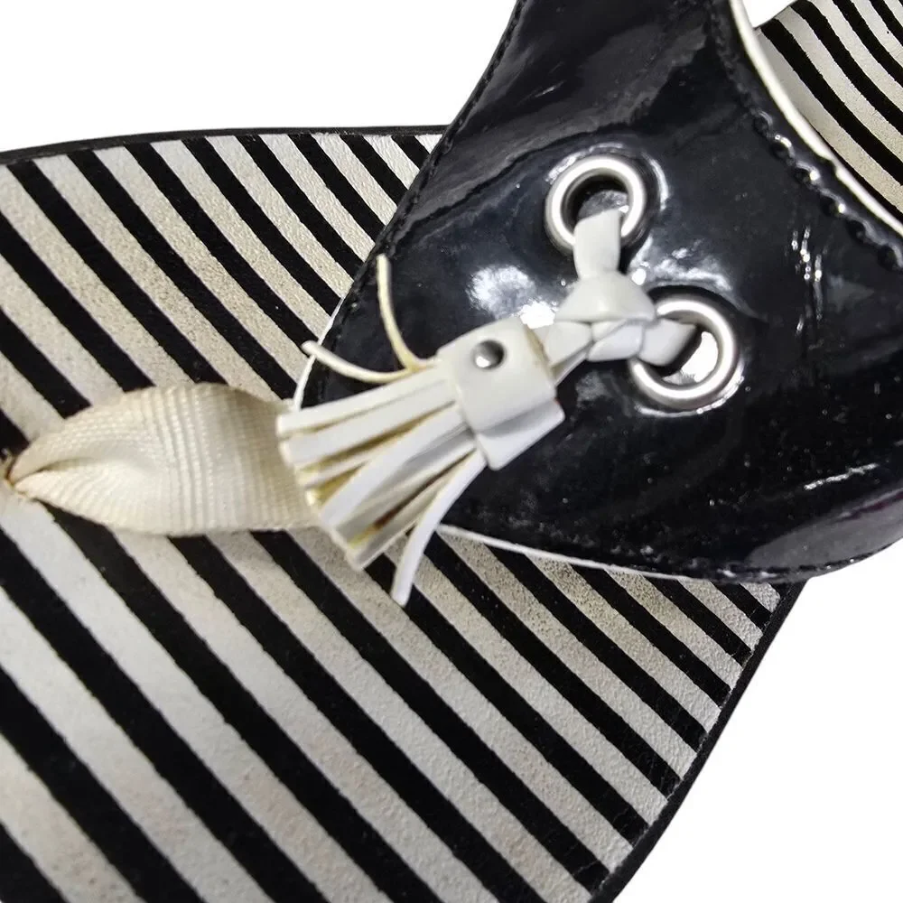 Clarks Black and White Wedge Sandals with Striped Footbed